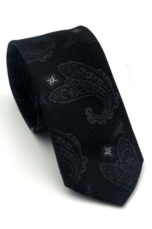Gri Şal Desenli Siyah Dokuma Kumaş Mendilli Slim Fit Kravat // SDK-2604-3