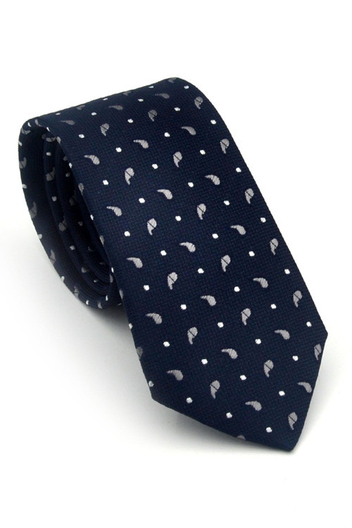Beyaz Füme Desenli Lacivert Dokuma Kumaş Mendilli Slim Fit Kravat // SDK-2612-2