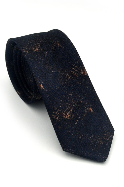 Kahverengi Desenli Lacivert Dokuma Kumaş Mendilli Slim Fit Kravat // SDK-2613-5