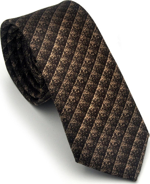 Kahverengi Küp Desenli Bej Dokuma Kumaş Mendilli Slim Fit Kravat // SDK-2605-6