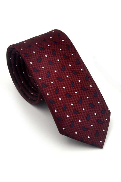 Beyaz Lacivert Desenli Bordo Dokuma Kumaş Mendilli Slim Fit Kravat // SDK-2612-4