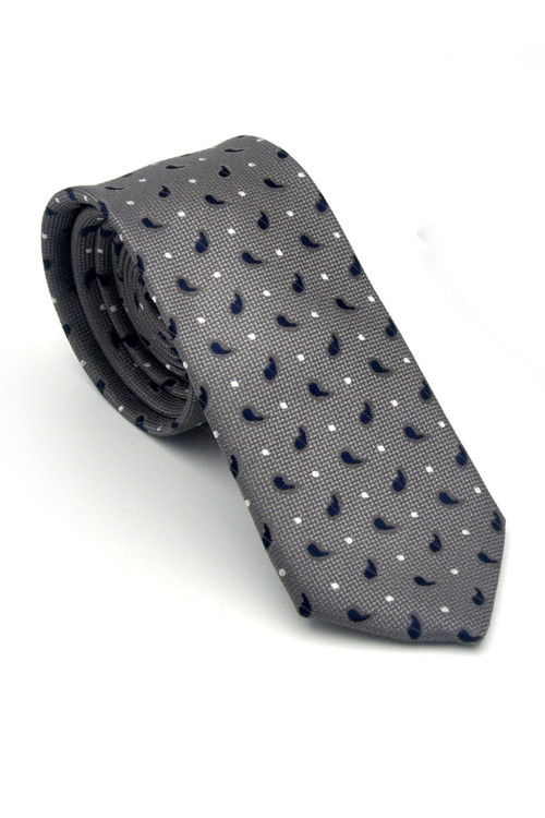 Beyaz Lacivert Desenli Gri Dokuma Kumaş Mendilli Slim Fit Kravat // SDK-2612-3