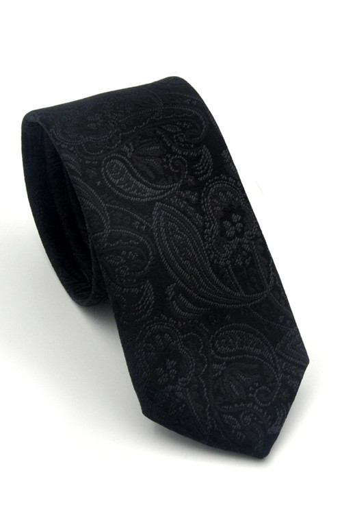 Siyah Şal Desenli Dokuma Kumaş Mendilli Slim Fit Kravat // SDK-2603-1