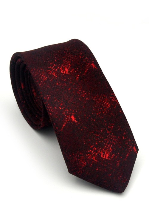 Kırmızı Desenli Bordo Dokuma Kumaş Mendilli Slim Fit Kravat // SDK-2613-4