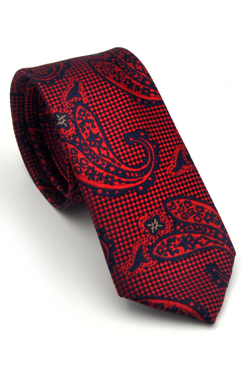 Kırmızı Lacivert Şal Desenli Dokuma Kumaş Mendilli Slim Fit Kravat // SDK-2604-5