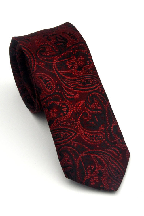 Siyah Şal Desenli Kırmızı Dokuma Kumaş Mendilli Slim Fit Kravat // SDK-2607-4