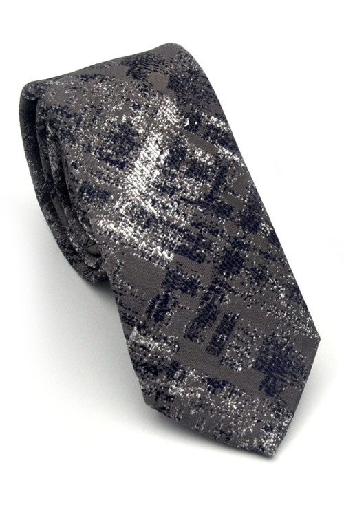 Lacivert Desenli Gri Dokuma Kumaş Mendilli Slim Fit Kravat // SDK-2608-3