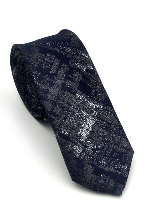 Gri Desenli Lacivert Dokuma Kumaş Mendilli Slim Fit Kravat // SDK-2608-2