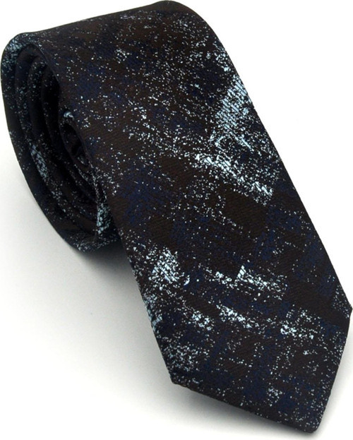 Turkuaz Lacivert Desenli Kahverengi Dokuma Kumaş Mendilli Slim Fit Kravat // SDK-2608-7