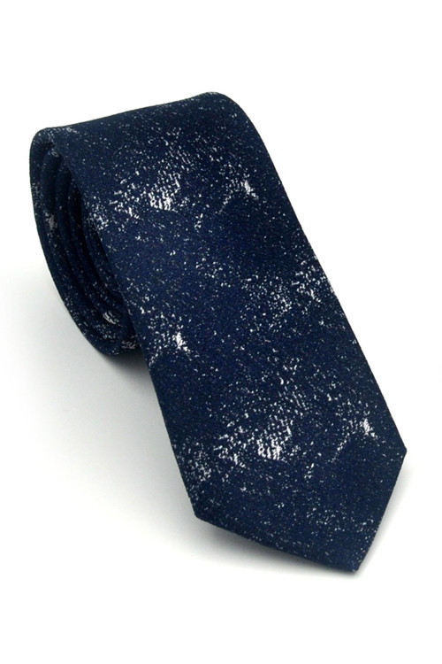 Gri Desenli Lacivert Dokuma Kumaş Mendilli Slim Fit Kravat // SDK-2613-2