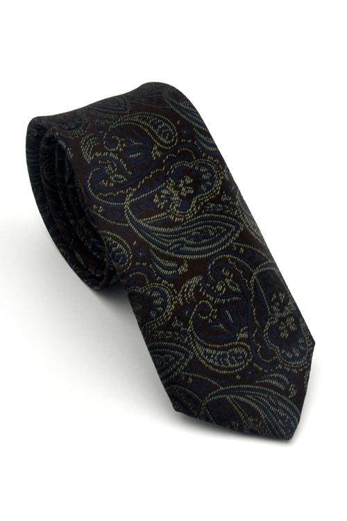 Yeşil Lacivert Şal Desenli Kahverengi Dokuma Kumaş Mendilli Slim Fit Kravat // SDK-2607-6