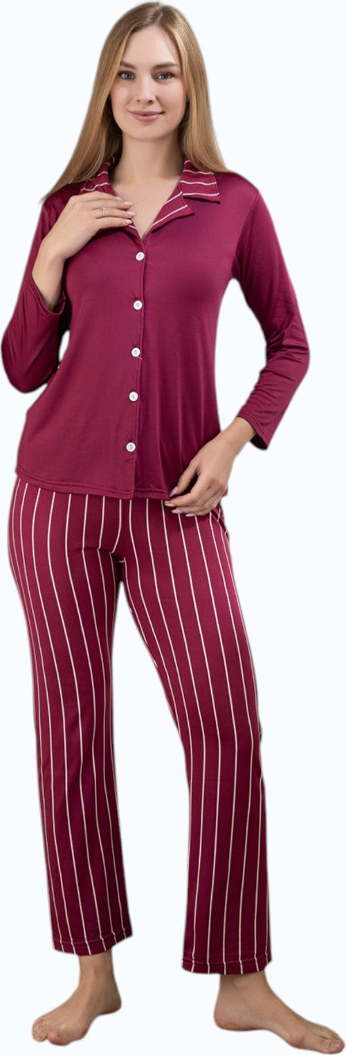 Önden Düğmeli Çizgili Desenli Kadın Pijama Takımı