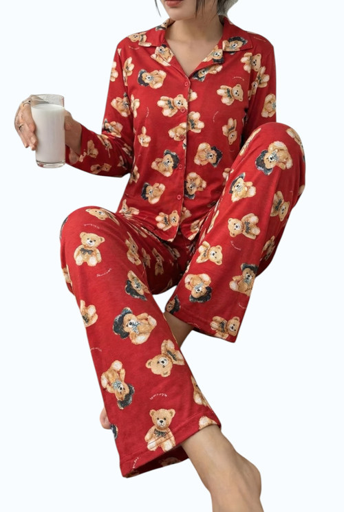 Önden Düğmeli Ayıcık Desenli Uzun Kollu Kadın Pijama Takımı