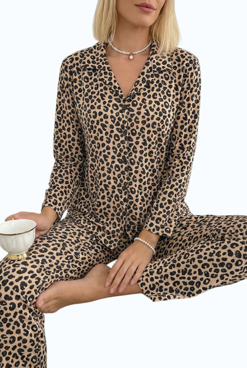 Önden Düğmeli Süet Leopar Desenli Uzun Kollu Kadın Pijama Takımı