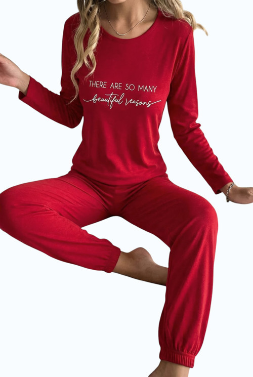 Yazı Detaylı Kadife Uzun Kollu Kadın Pijama Takımı