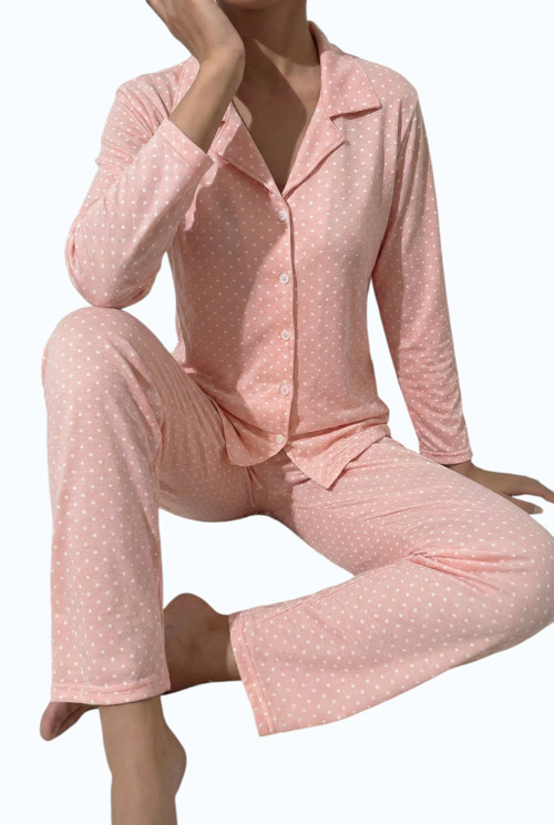 Düğme Kapanma Detaylı Puantiye Desenli Kadın Pijama Takımı