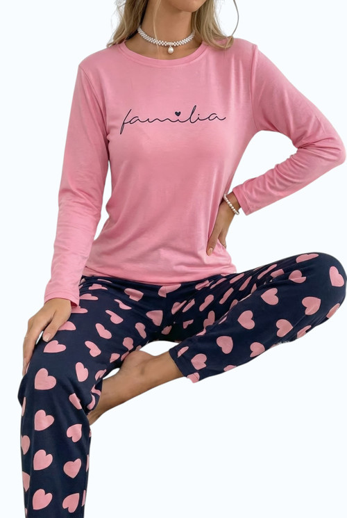 Kalp Desenli Uzun Kollu Kadın Pijama Takımı