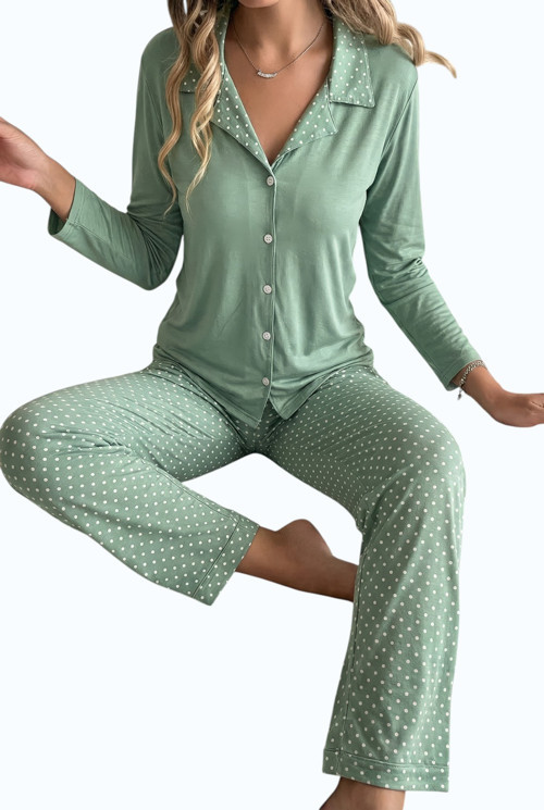 Düğme Kapanma Detaylı Puantiye Desenli Kadın Pijama Takımı