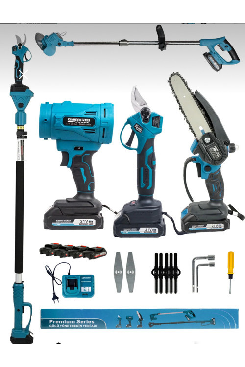 Şarjlı 5’Li Set Şarjlı Makas Testere Yaprak Üfleme Çim Biçme Makinası Teleskopik Uzatma Kolu