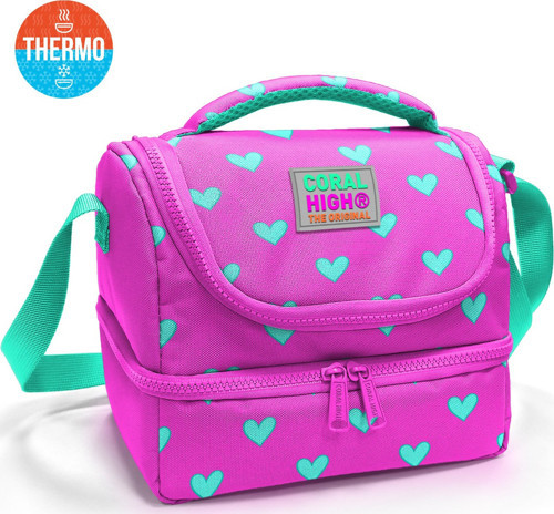 Kids Neon Pembe Su Yeşili Kalpj Desenli Thermo İki Katlı Beslenme Çantası 37212