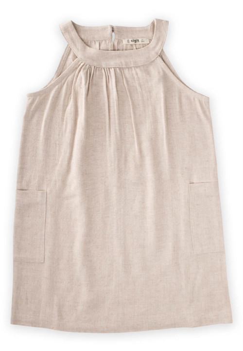Bilezik Yaka Keten Yanı Cepli Elbise 2-7 Yaş Naturel