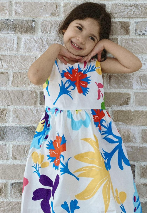 Çiçek Baskılı Elbise 2-7 Yaş Ekru