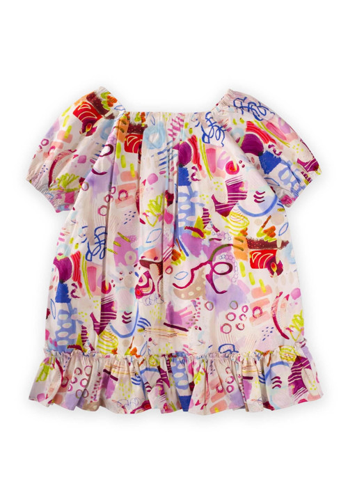 Yaka Kol Lastikli Poplin Elbise 2-7 Yaş Ekru Fuşya