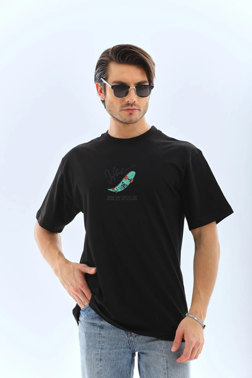 Erkek Kısa Kol Baskılı Bisiklet Yaka T-Shirt - Siyah