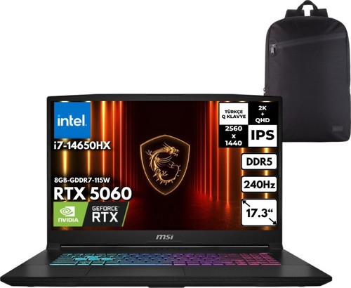 Katana 17 Hx I7-14650HX 32-Gbddr5 1 Tbssd RTX5060 (8GB-GDDR7-115W) 17.3" 2k Qhd 240Hz IPS Windows 11 Home + Hmf Sırt