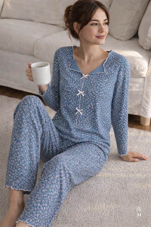 Kadın Pamuklu Çıtır Çiçek Desenli Baby Overloklu Fiyonk Detaylı Uzun Kollu Pijama Takımı