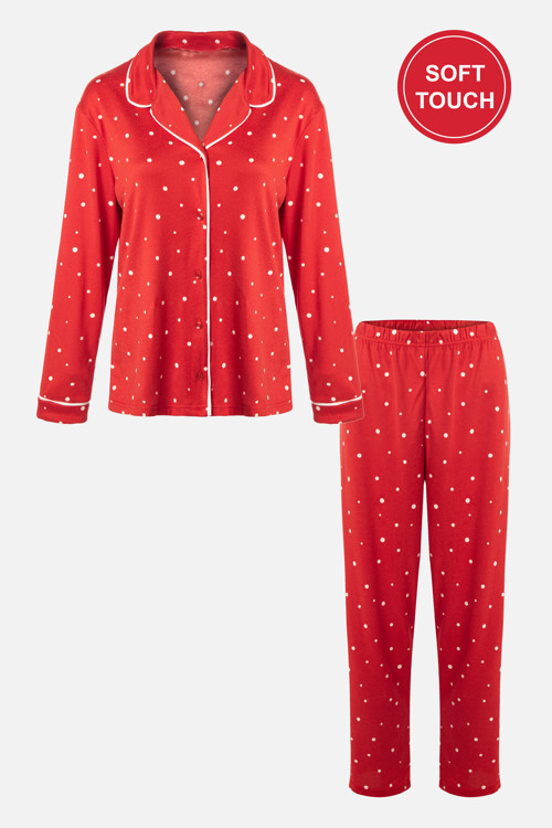 Kadın Soft Touch Kırmızı Puanlı Desenli Gömlek Yaka Uzun Kollu Pijama Takımı