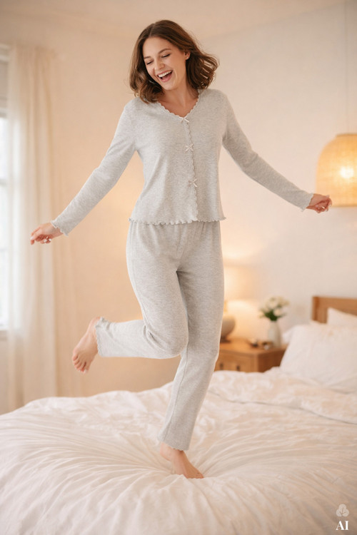 Kadın Pamuklu Dantel ve Kurdele/Fiyonk Detaylı Kaşkorse Renkli Pijama Takımı