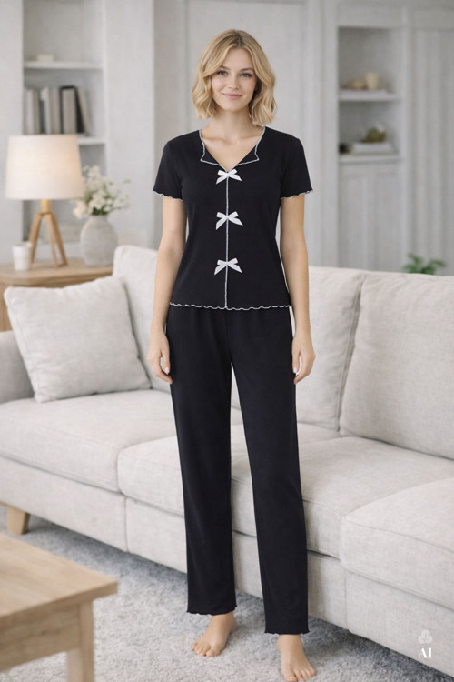 Kadın Kısa Kollu Fiyonklu Fitilli Pijama Takımı