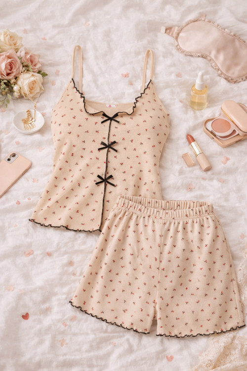 Kadın İnce Askılı Fiyonklu Pamuklu Şortlu Pijama Takımı