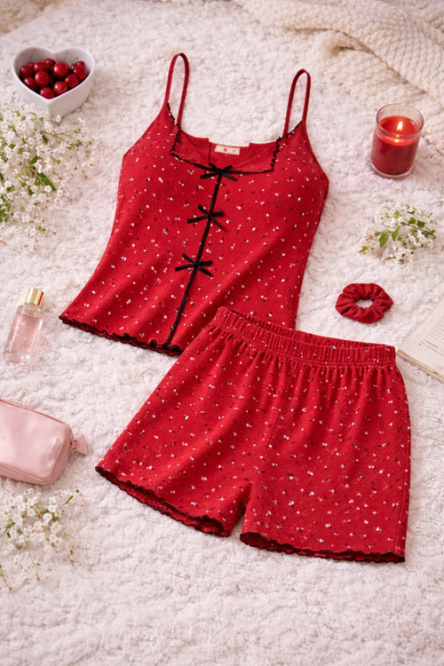 Kadın İnce Askılı Fiyonklu Pamuklu Şortlu Pijama Takımı