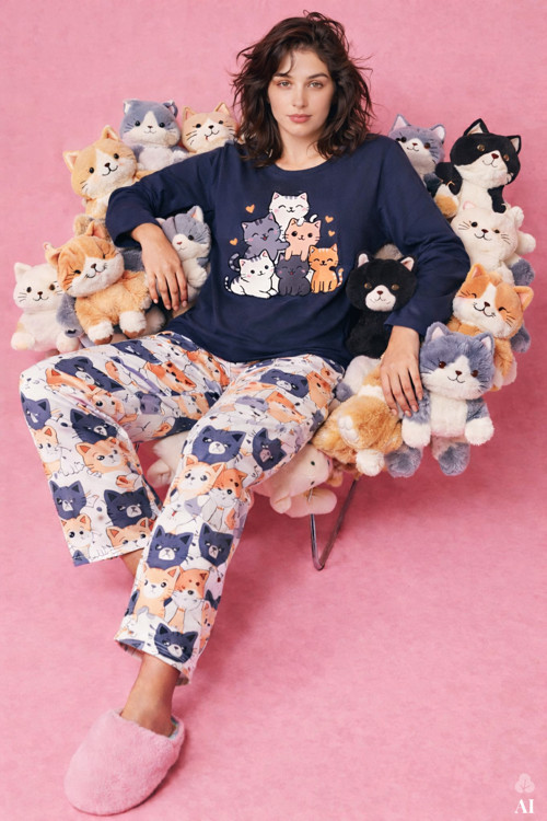 Kadın Gri Pamuklu Kedili Örme Pijama Takımı