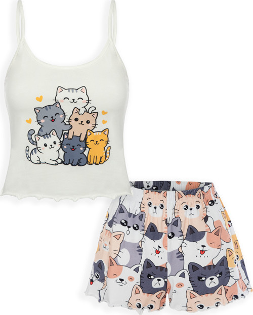 Kadın İnce Askılı Desenli Pamuklu Şortlu Pijama Takımı