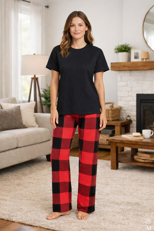 Kadın Kısa Kollu Pamuklu Kırmızı Ekose Desenli Kombinli Pijama Takımı