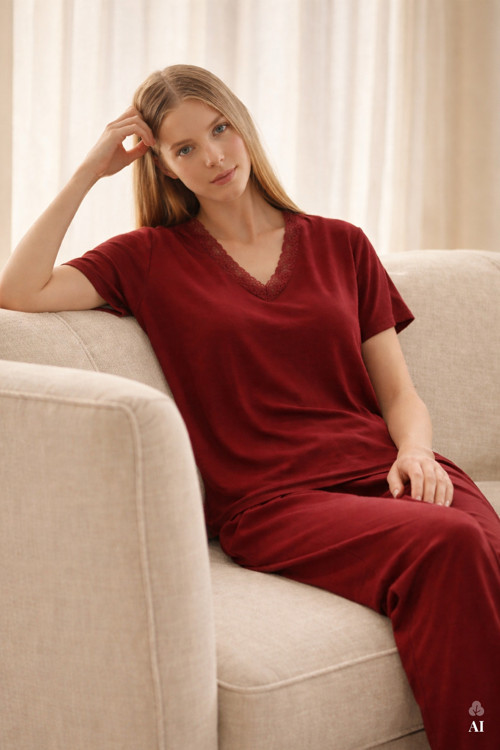 Kadın Viskon Yumuşak Dokulu Kısa Kollu Dantel Detaylı Pijama Takım