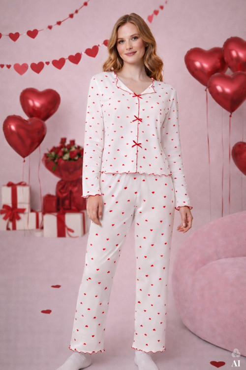 Kadın Pamuklu Çıtır Çiçek Desenli Baby Overloklu Fiyonklu Uzun Kollu Pijama Takımı
