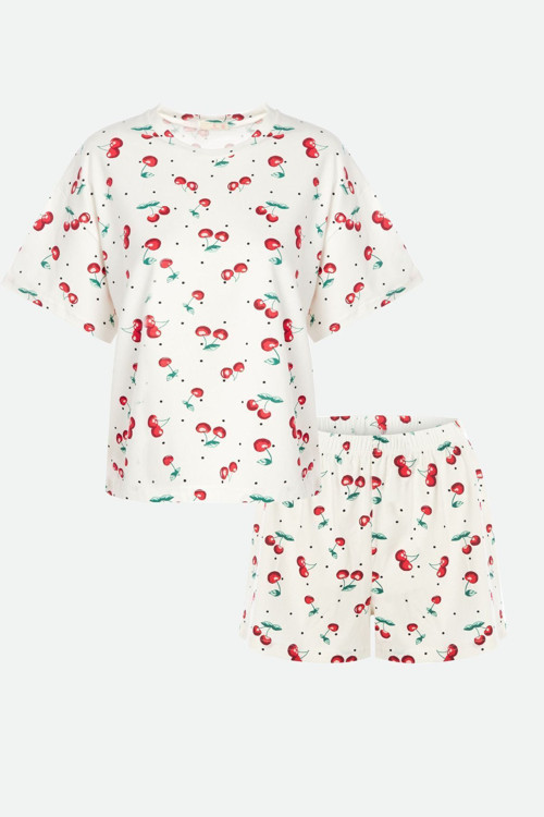 Kadın Kiraz Desenli Kısa Kollu Şortlu Pijama Takımı
