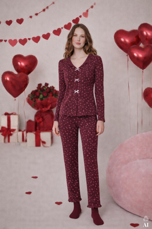 Kadın Pamuklu Çıtır Çiçek Desenli Baby Overloklu Fiyonklu Uzun Kollu Pijama Takımı