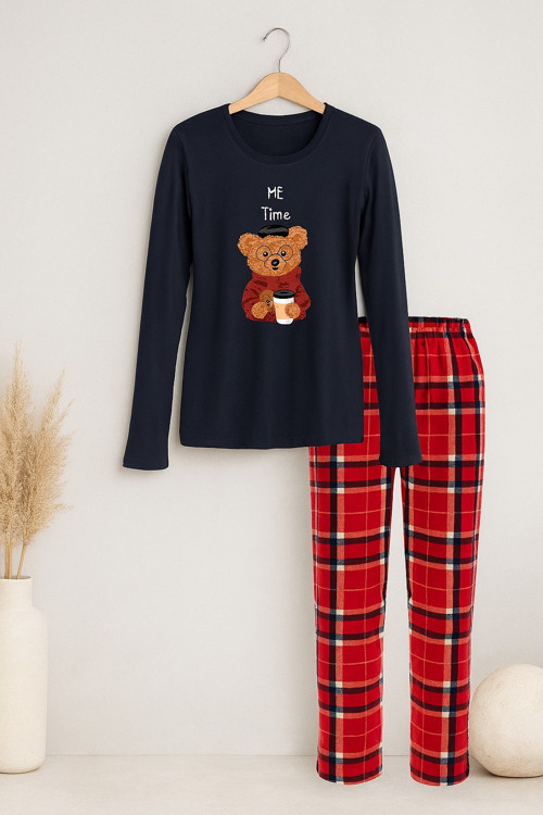 Kadın Yumuşak Dokulu Ayıcık Baskılı Ekose Desenli Pijama Takımı