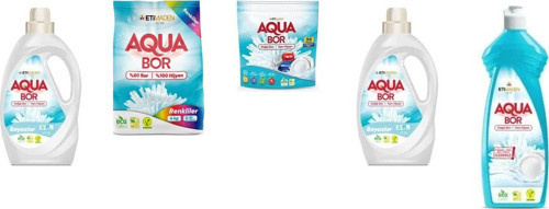 Aquabor Doğal Mineralli Sıvı Beyaz + 4 Kg Renkliler + Tablet + Sıvı Beyaz + Elde Bulaşık 5 Li Set