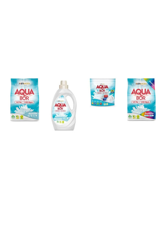 Aquabor Doğal Mineralli 4 Kg Beyaz + Sıvı Beyaz + Tablet + 4 Kg Renkliler 4 Lü Set