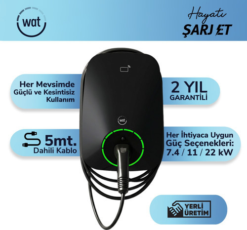 | Wat Home 22KW Güç 5mt. Dahili Kablo & IP55, IK10- Koruma Seviyeli Ev Şarj Cihazı