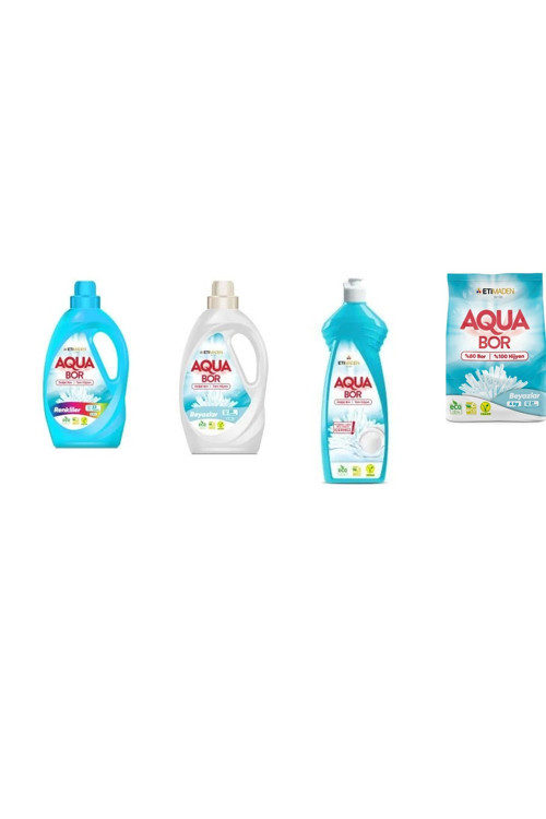 Aquabor Doğal Mineralli Sıvı Renkliler + Sıvı Beyaz + Elde Bulaşık + 4 Kg Beyaz 4 Lü Set