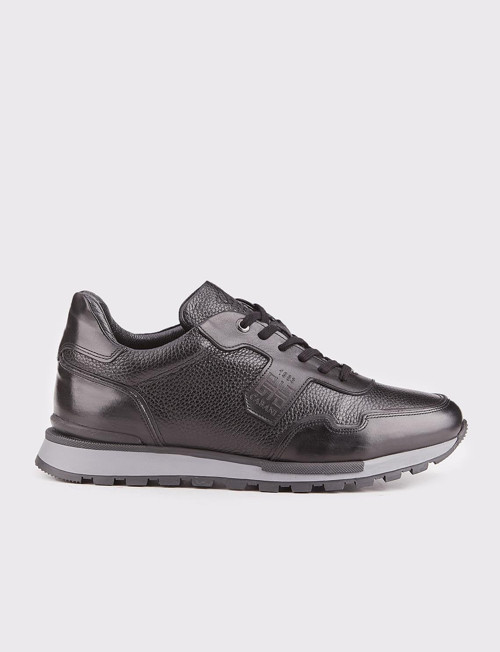 Erkek Hakiki Deri Siyah Kürklü Bağcıklı Sneaker Spor Ayakkabı