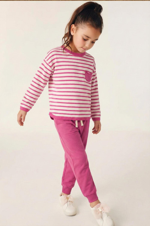 Çizgili Sweatshirt Takım 1-7 Yaş Fuşya