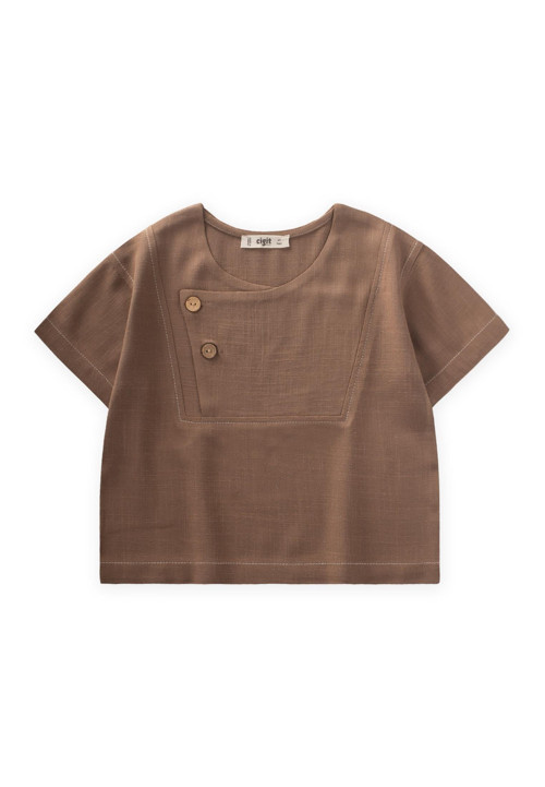 Kontrast Dikişli Keten Bluz 2-7 Yaş Caramel